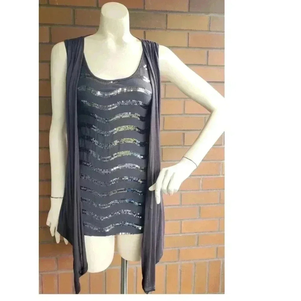 Dark Grey with Sequin waves and build in vest size  Small